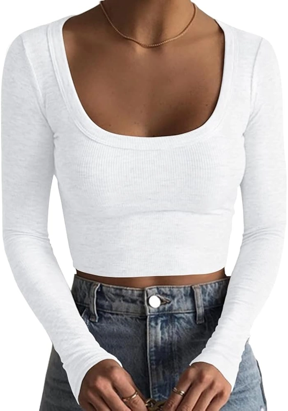 Artfish Women's Square Neck Long Sleeve Ribbed Slim Fitted Casual Basic Crop Top