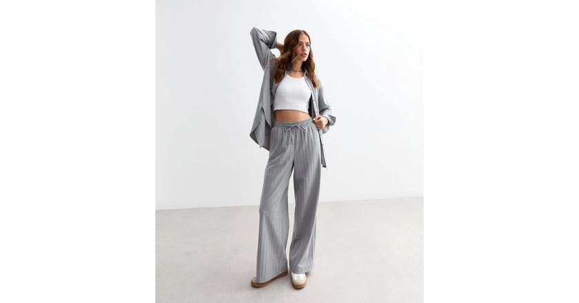 Grey Pinstripe Drawstring Wide Leg Trousers | New Look