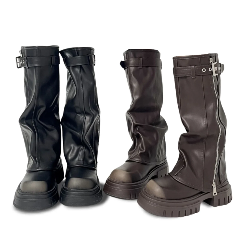 Platform Fold Over Chunky Mid-Calf Vegan Leather Boots