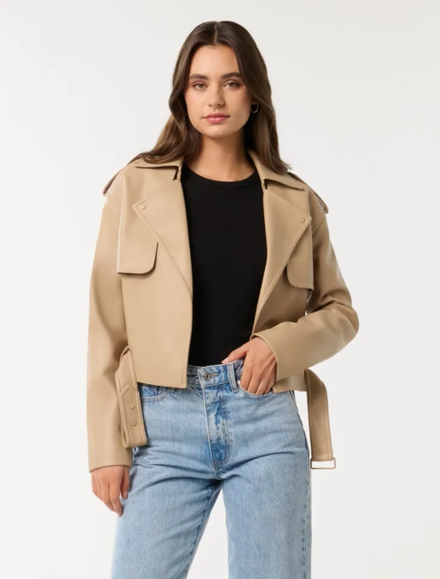 Lorri Faux-Leather Cropped Trench in Beige - Size 4 to 16 - Women's Jackets