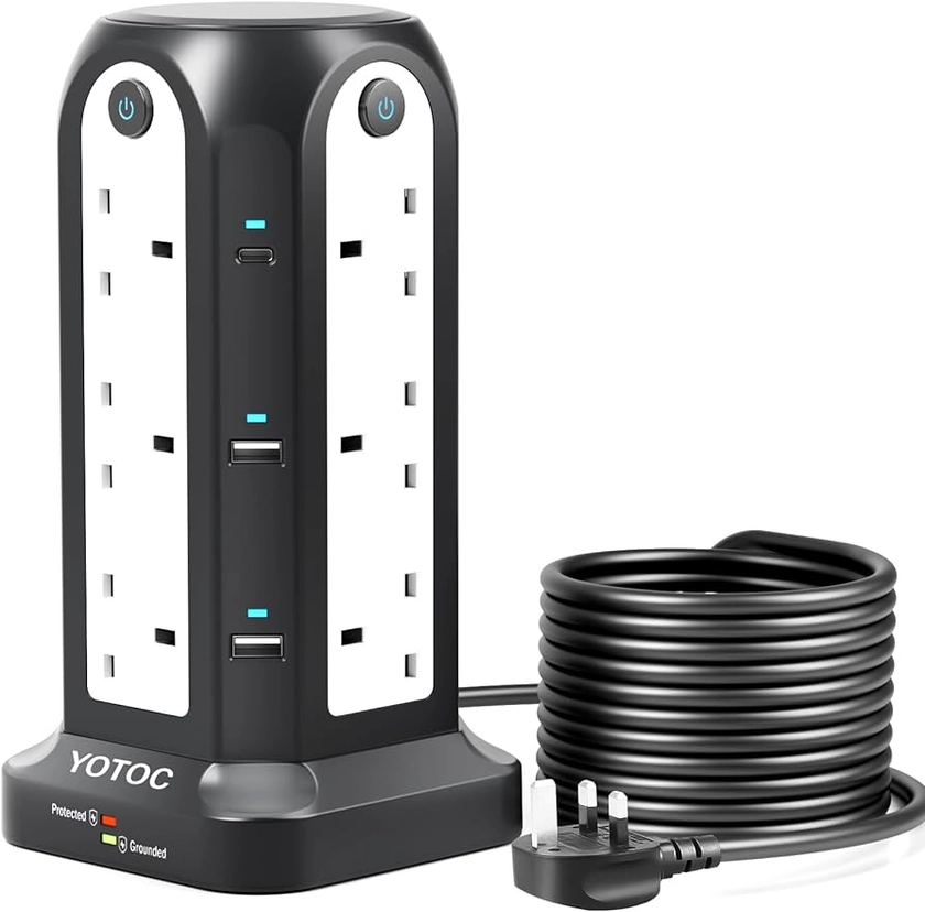 Tower Extension Lead,12 Way Surge Protected Extension Lead with 4 USB(5V 4.8A) Slots,2 USB-C(5V 3A),3250W Power Strip with 4 Individual Switches and 3M/9.8ft Extension Cable for Home,Office,School