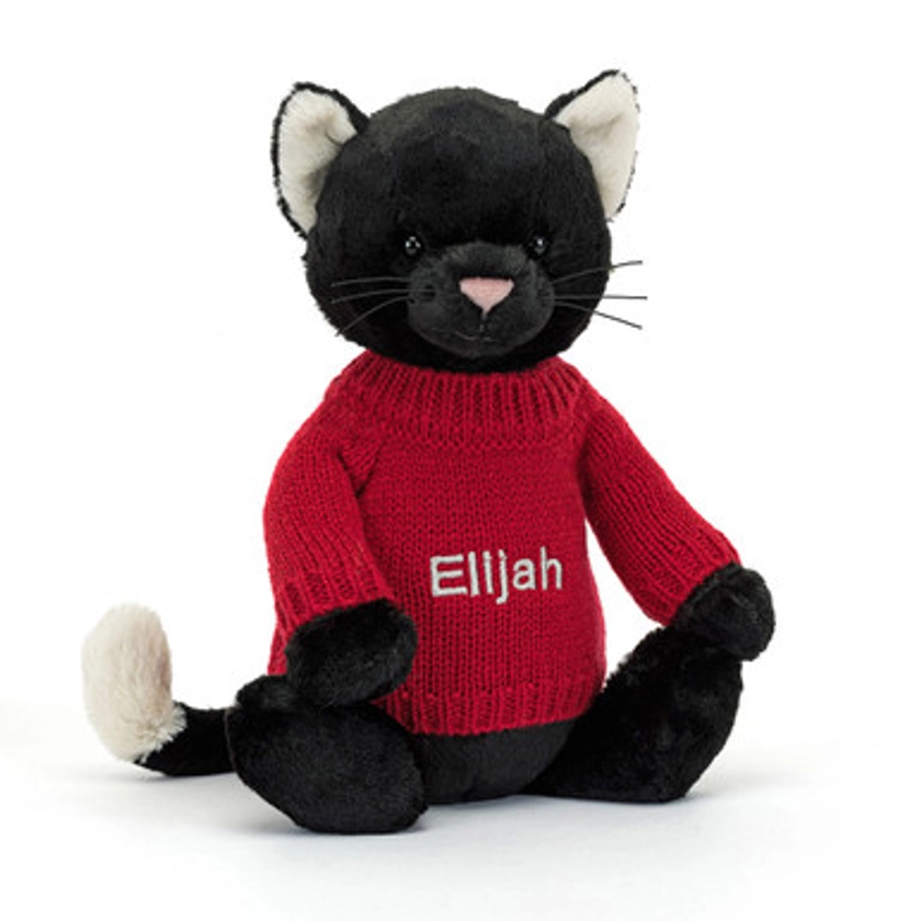 Bashful Black Kitten with Personalised Red Jumper