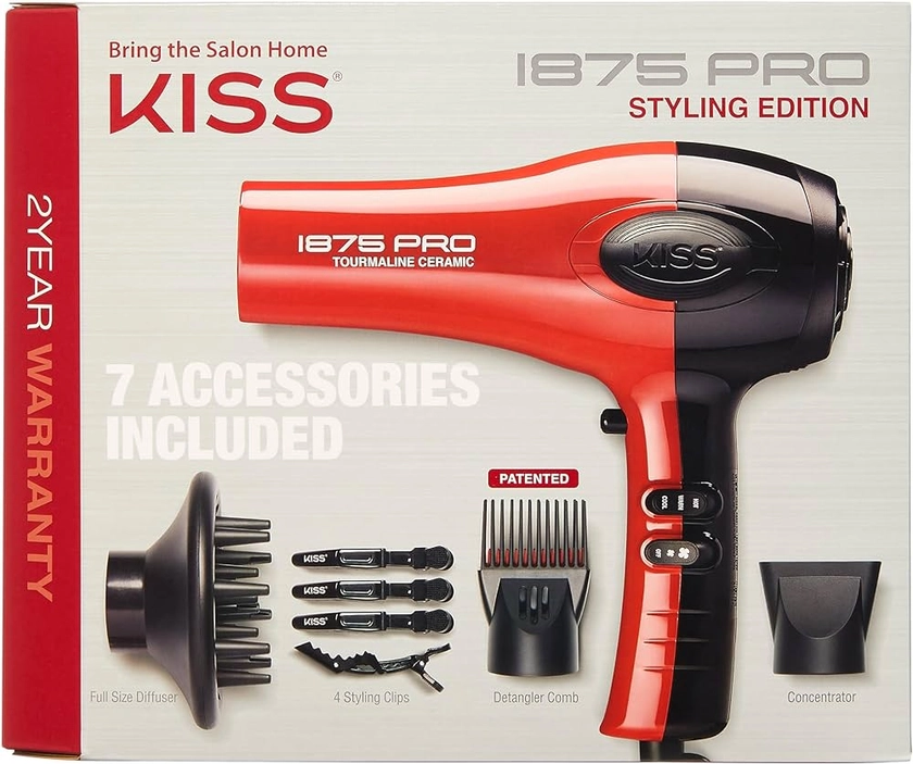 Amazon.com : KISS 1875 Watt Pro Tourmaline Ceramic Hair Dryer, 3 Heat Settings, 2 Speed Slide Switch, Cool Shot Button, 2 Detangler Combs, 1 Concentrator, 1 Diffuser, Removable Filter Cap & 4 Sectioning Clips Red : Beauty & Personal Care