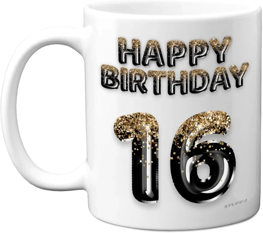 16th Birthday Gift for Boys - Black Gold Glitter Balloons - Happy Birthday Mug Present for 16 Year Old Son Brother Grandson Cousin Friend, 11oz Ceramic Dishwasher Safe Coffee Mugs Cup