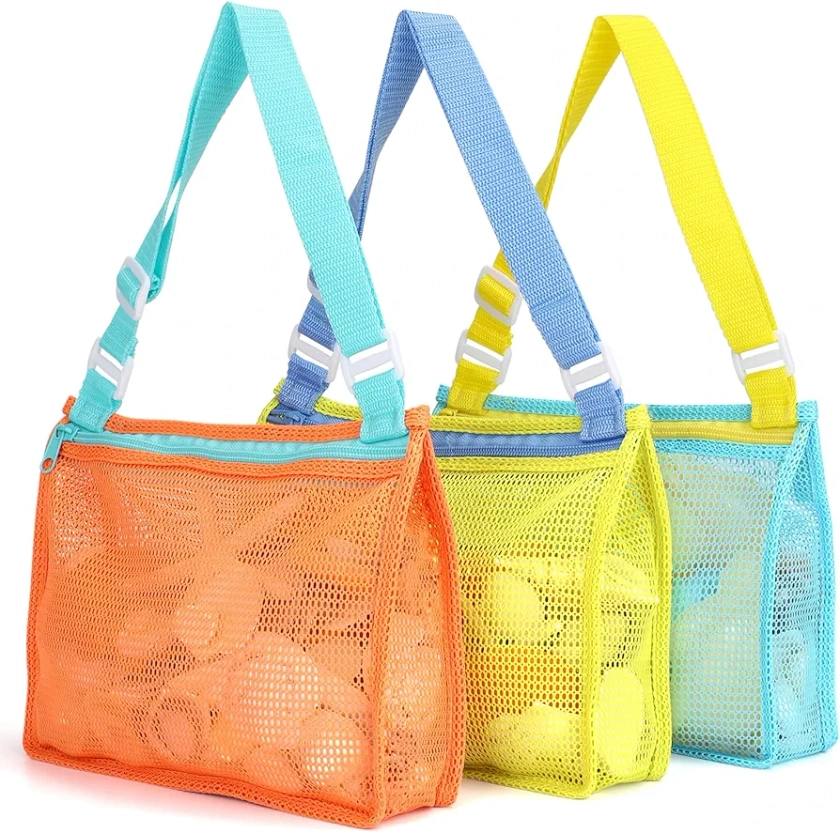 Tagitary Beach Toy Mesh Beach Bag Kids Shell Collecting Bag Beach Sand Toy Totes for Holding Shells Beach Toys Sand Toys Swimming Accessories for Boys and Girls(Only Bags,A Set of 3)