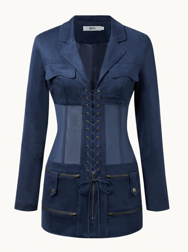 Robe courte avec veste corset en suédine - Bleu foncé