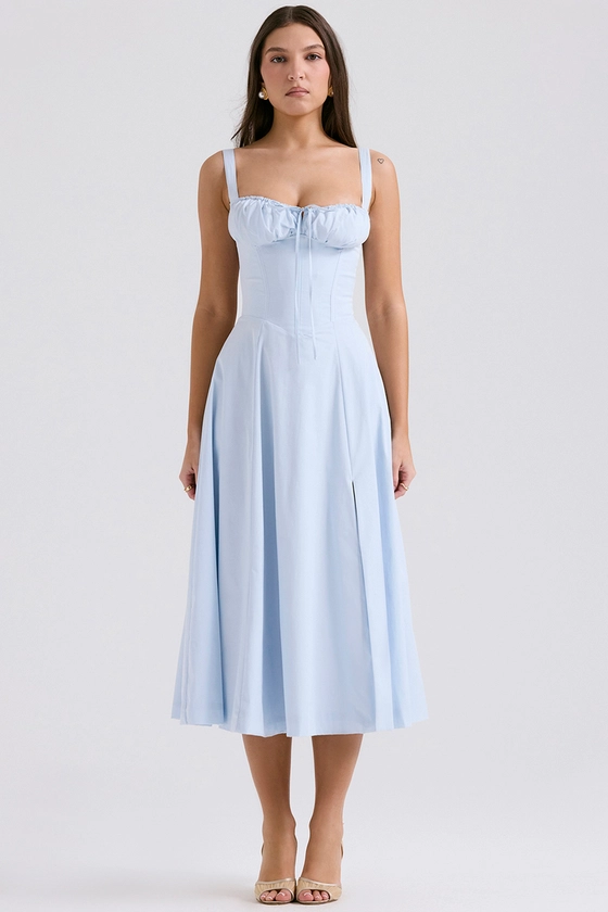Clothing : Midi Dresses : 'Carmen' Soft Blue Cotton Bustier Sundress