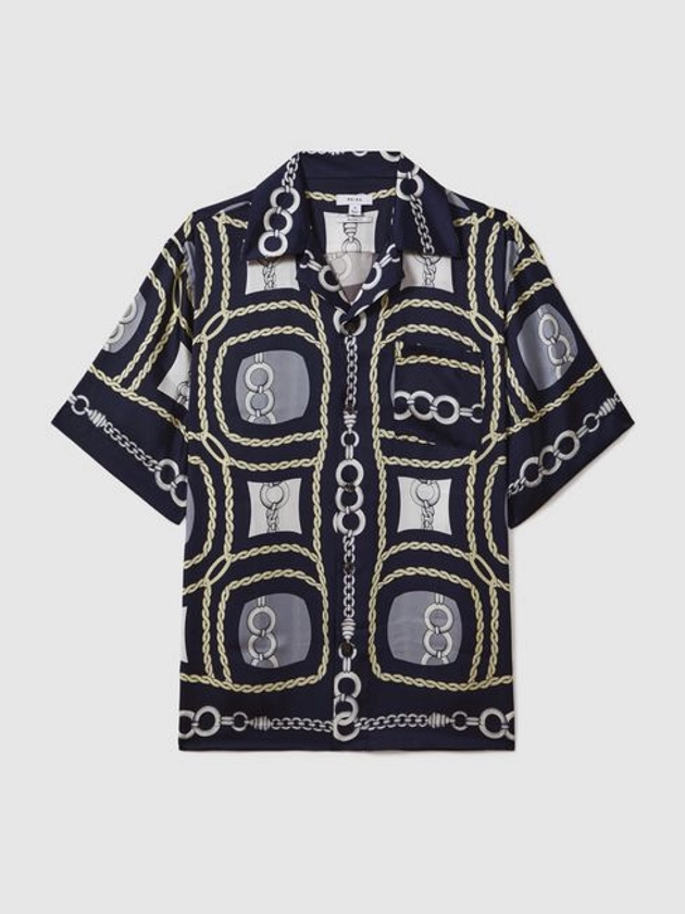 Reiss Navy Jenson Chain Print Cuban Collar Shirt