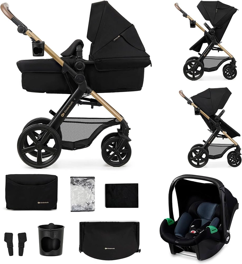 Kinderkraft MOOV2 Poussette 3 en 1, Système de voyage de la naissance à 27 kg, Siège auto Mink PRO I-Size inclus, Capote extensible avec filtre UPF50+, Accessoires pratiques, Noir