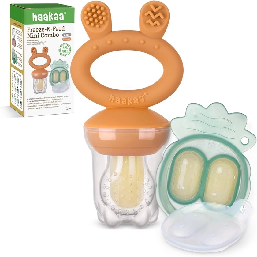 Haakaa Bébé Fruits Nourriture Mangeoire & Mini plateau à grignoter pour congélateur,Mangeoire en silicone sans BPA pour une auto,4 mois plus-Pumkin