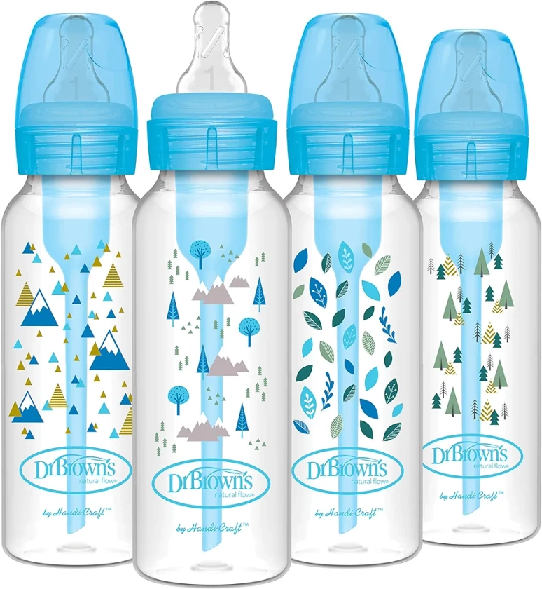 Dr. Brown's Natural Flow Anti-Colic Options+ Narrow Baby Bottle, Blue Nature, 8 oz/250 mL, with Level 1 Slow Flow Nipples, 0m+, 4 count (Pack of 1)