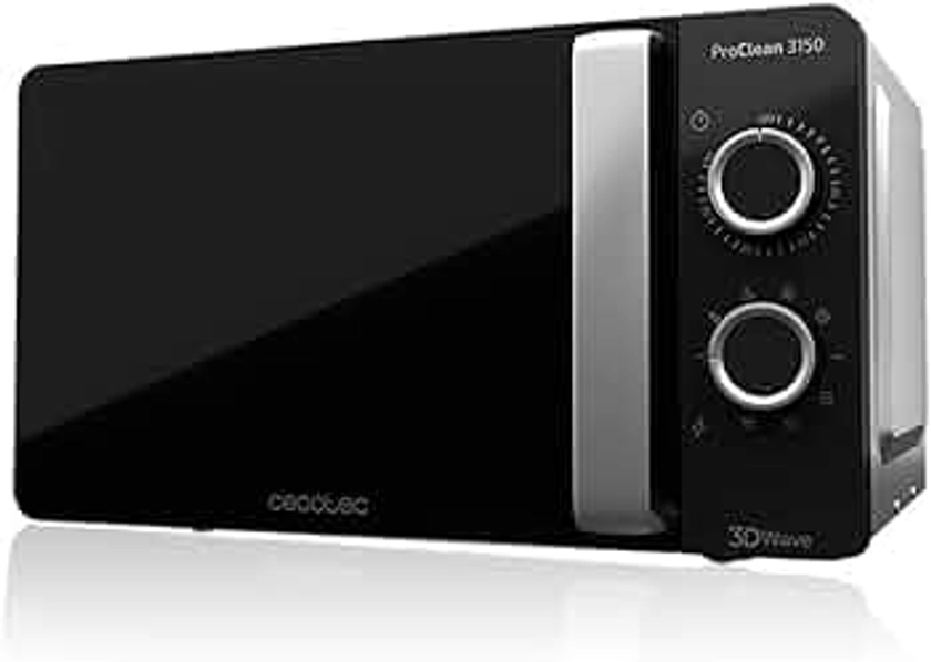 Cecotec Micro-ondes noir et argent ProClean 3150. Avec Gril et revêtement Ready2Clean, Technologie 3D Wave. Grill 800 W, 20 L de capacité, 6 niveaux, porte FullCrystal