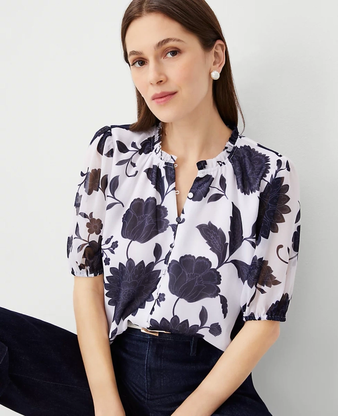 Floral Mixed Media Ruffle Neck Top