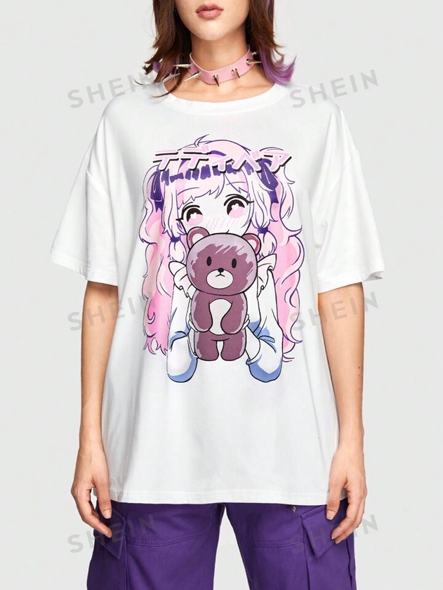 ROMWE Anime Women's Cute Oversized Short Sleeve T-Shirt With Cartoon Girl And Bear Print