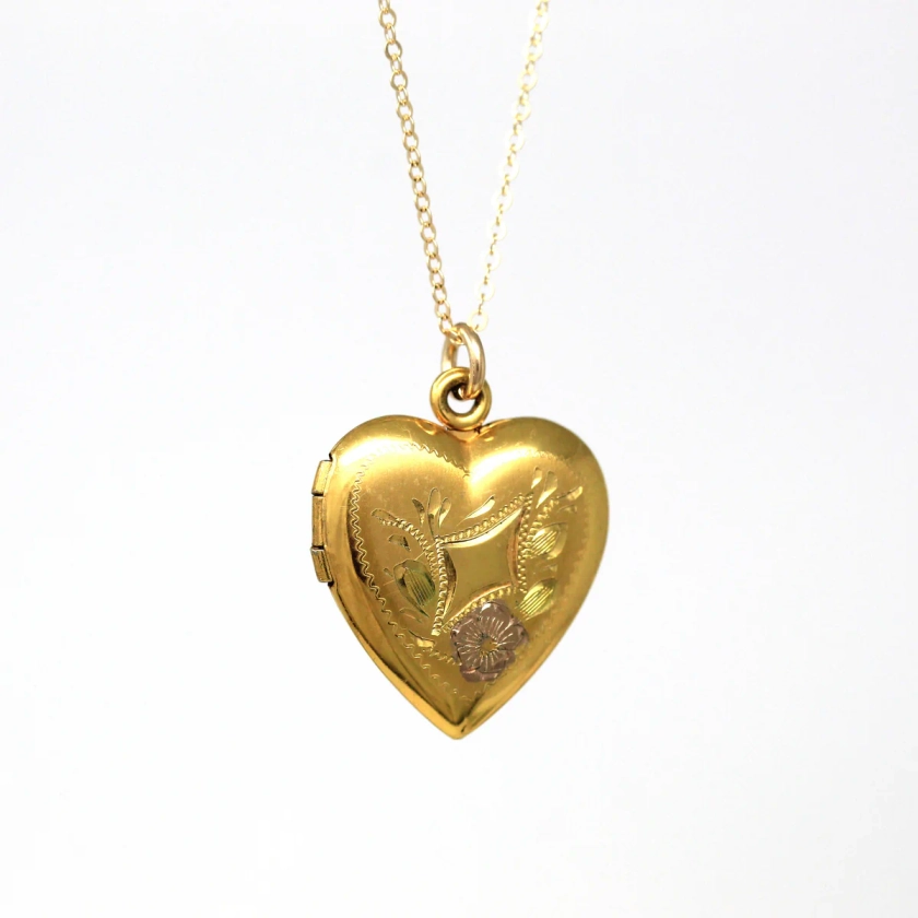 Vintage Heart Locket - Retro 12k Gold Filled Engraved Design Pendant N