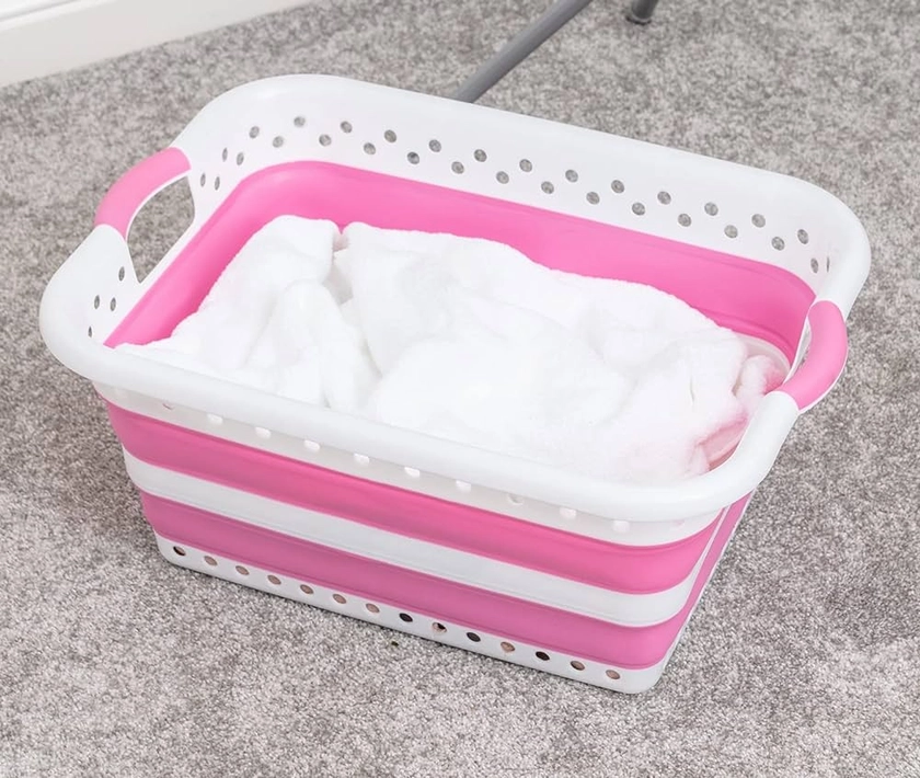 Addis Foldable space saving Rectangular collapsible family Laundry Basket, 45 litre White & Pink