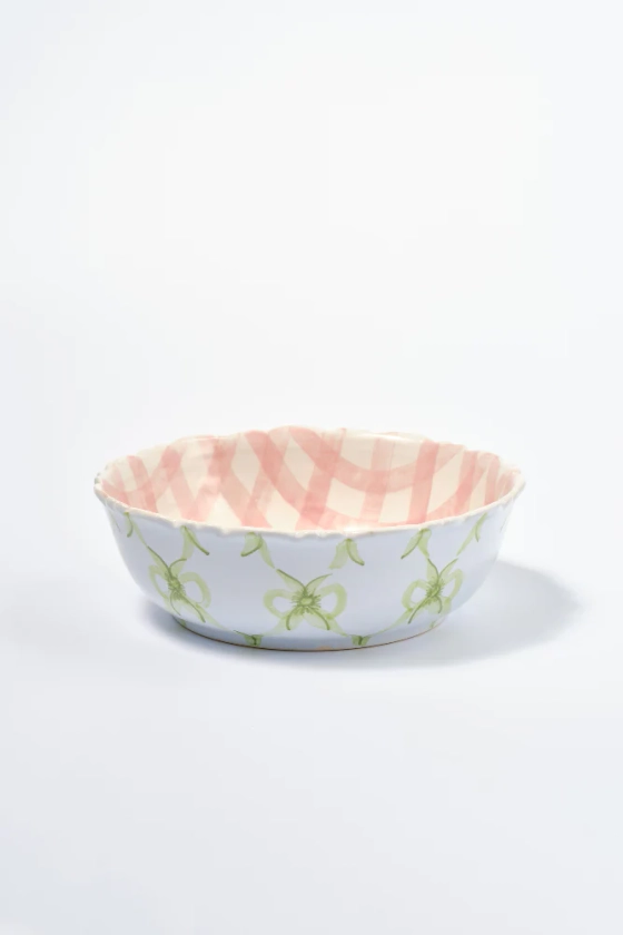 hand painted bow frill edge large serving bowl - pink gingham