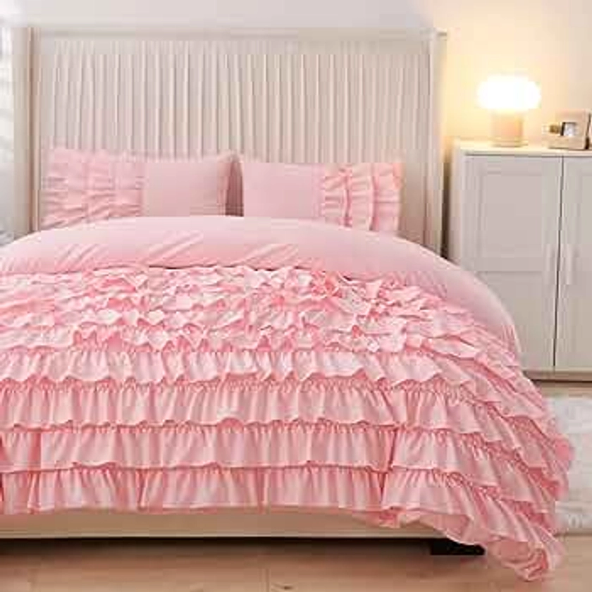 NTBED Ruffled Comforter Set Casual Textured for Girls Kids All Season, Soft Chic Princess Bedding Set with Matching Pillow Shams(Pink,Twin)