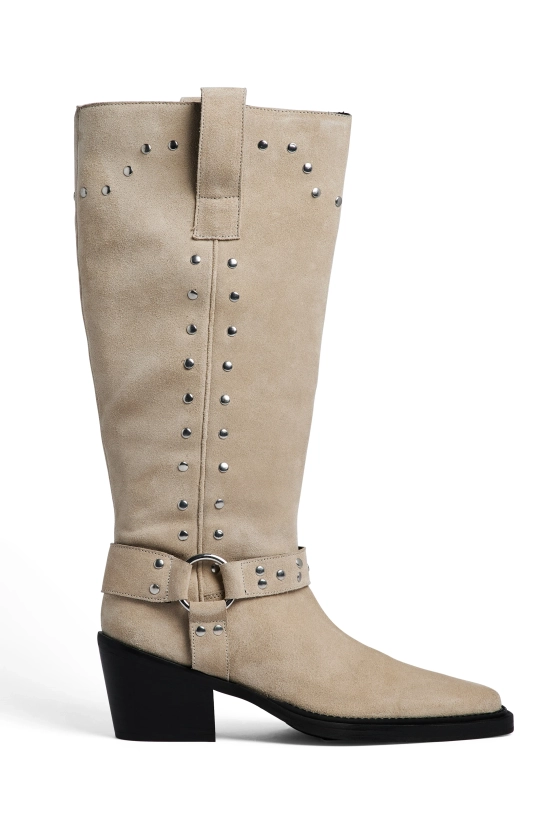 Studded Western Boots Beige