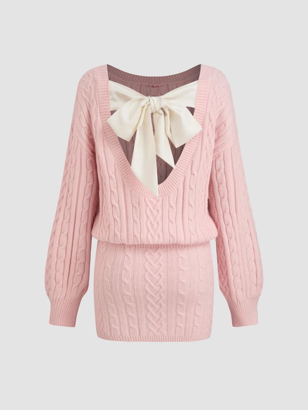 Cable Knit Boat Neck Bowknot Mini Dress