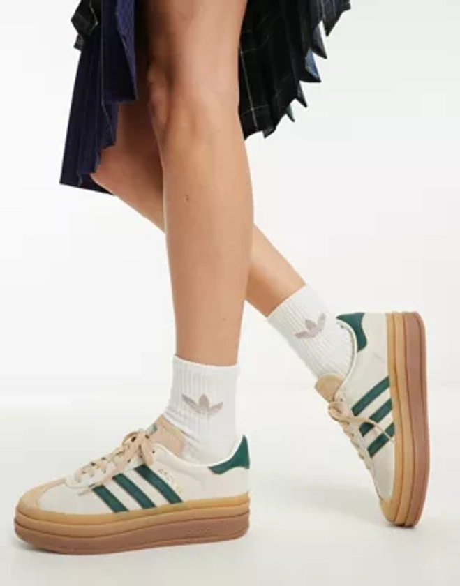 adidas Originals Gazelle Bold platform trainers in cream and green with gum sole | ASOS