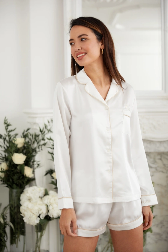 Personalised Bridal Luxury Satin Long Sleeve and Short Pyjama Set - White / Nude