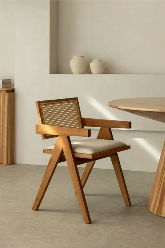 Pack de 4 chaises de salle à manger rembourrées avec accoudoirs en bois de frêne et rotin Lali