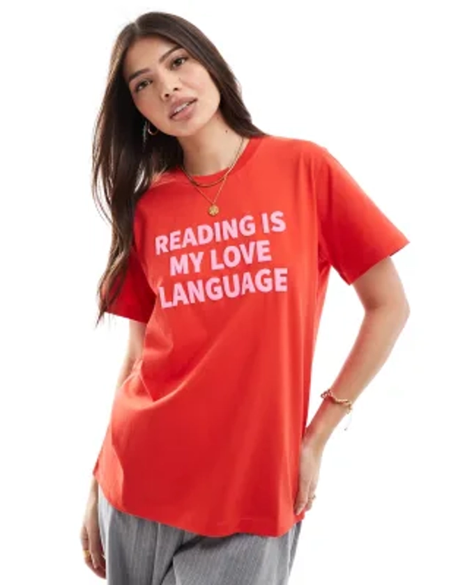 ASOS DESIGN oversized tee with reading slogan in red