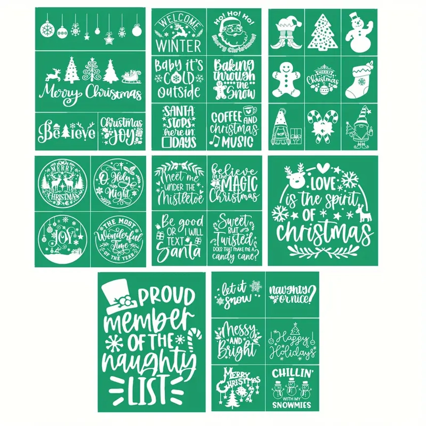 8pcs Self Adhesive Christmas Silk Screen Stencils, Winter Holiday Xmas Screen Print Transfers Reusable Mesh Stencils For Painting On Wood, Fabric, *