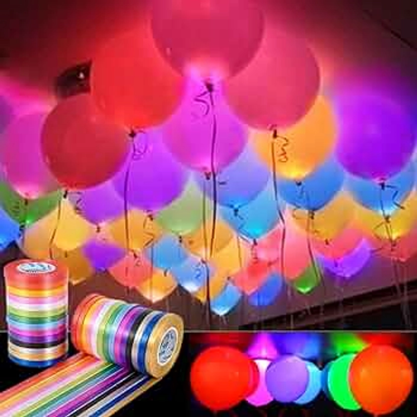 ALUNME 20 Led Balloons,W/10 Color Ribbins,Multi-colored Led Light Up Balloons Lasts 24 Hrs,Glow in the Dark Party Supplies For Birthday Party Halloween Christmas Decorations (Multicolored)