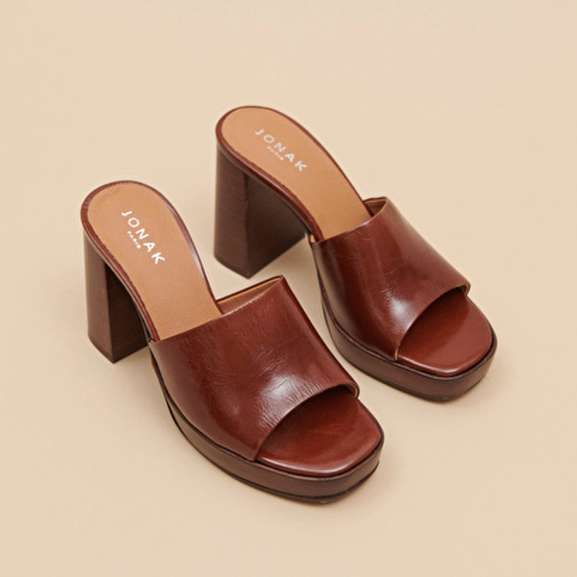 Jonak Women Open-toe mules with high heels in shiny brown leather
