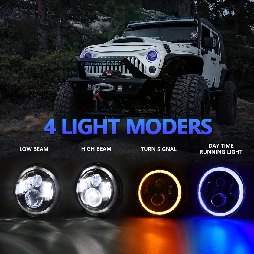 2pcs 7 Inch Round LED Headlights With Blue DRL/Amber Turn * 4 Light Models For Jeep For Wrangle JK TJ LJ CJ, With H4 Adapter