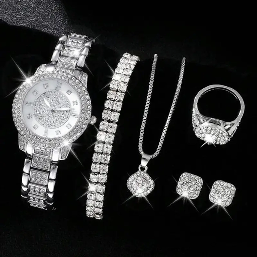 Women's Watch Silvery Rome Fashion Quartz Watch Sparkling Rhinestone Analog Wrist Watch & 6pcs Jewelry Set, Gift For Mom Her
