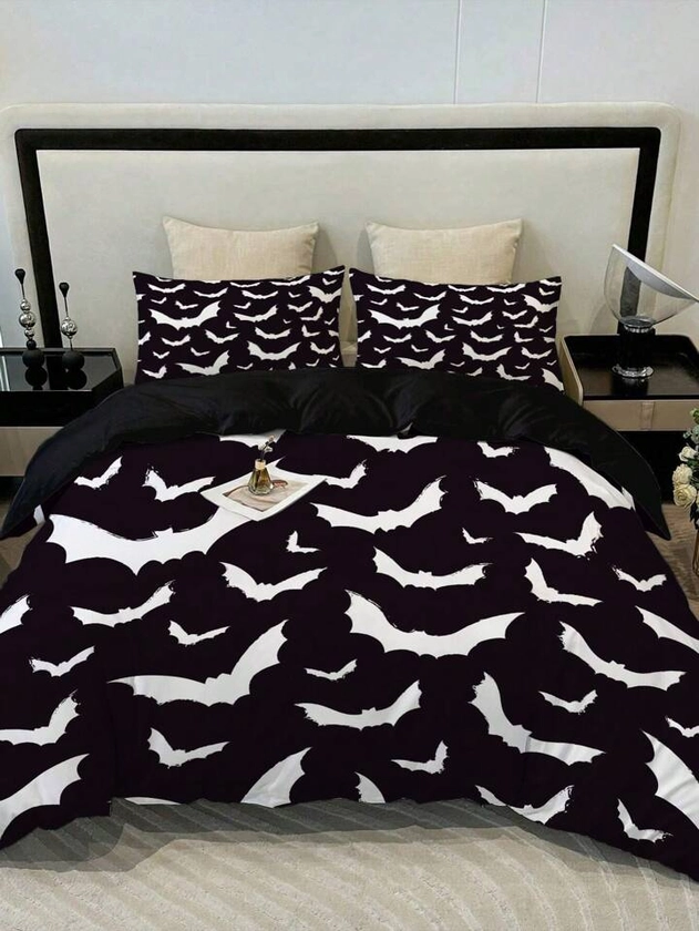 Conjunto de 3 piezas de funda nórdica de poliéster con murciélagos voladores en blanco y negro - Ropa de cama suave y acogedora para dormitorio y habitación universitaria (Incluye 1 funda nórdica y 2 fundas de almohada, sin relleno)