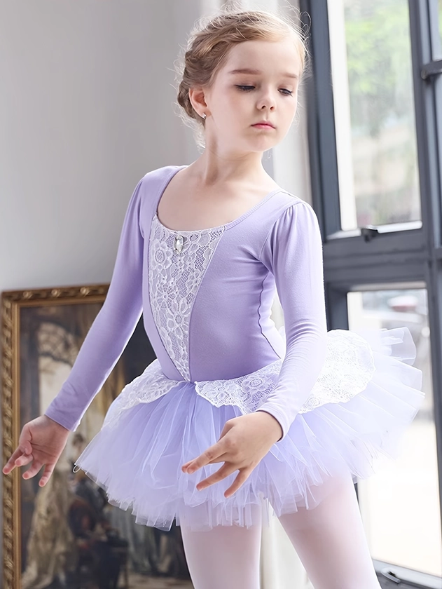 Girls 93.6% Cotton Comfy Stretchy Breathable Long Sleeve Tutu Ballet Leotard For Dance Performance