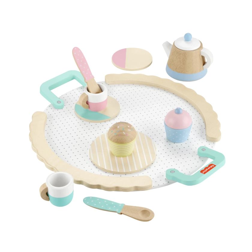 Fisher-Price Wooden Tea Party Set for Preschool Pretend Play, 12-Pieces, Ages 3-5 Years, Child