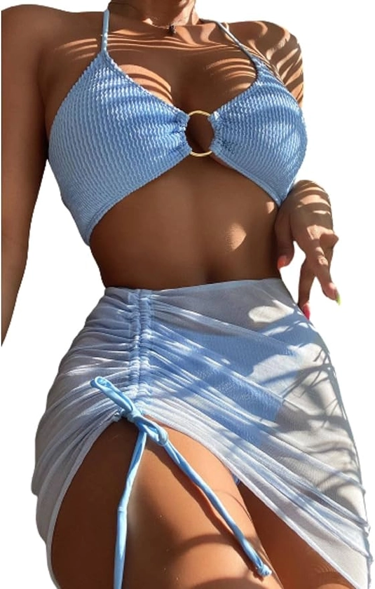 Amazon.com: MakeMeChic Women's 3 Piece Bathing Suits Halter Ring Bikini Set with Cover Up Skirt Light Blue M : Clothing, Shoes & Jewelry