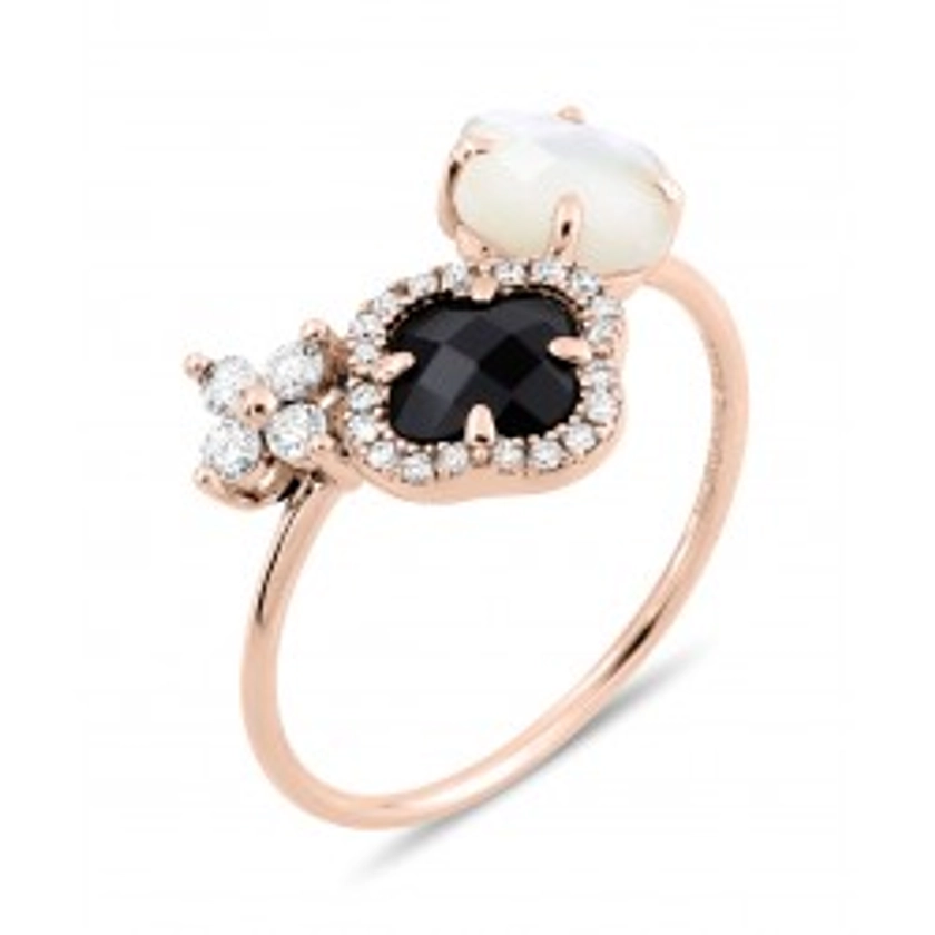 BAGUE BOUQUET ONYX & DIAMANTS ET NACRE BLANCHE + DIAMANTS OR ROSE