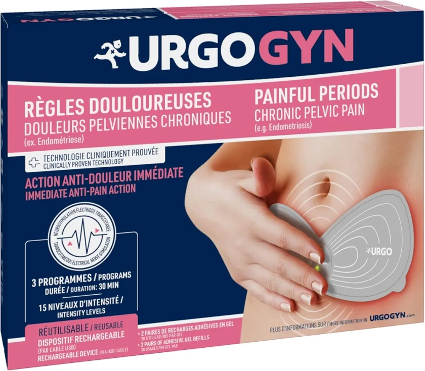 URGOGYN - Patch d'Electrothérapie - Règles Douloureuses - Douleurs pelviennes - Endométriose - Rechargeable - 15 Niveaux d'intensité - Dès les Premières Règles, Gris