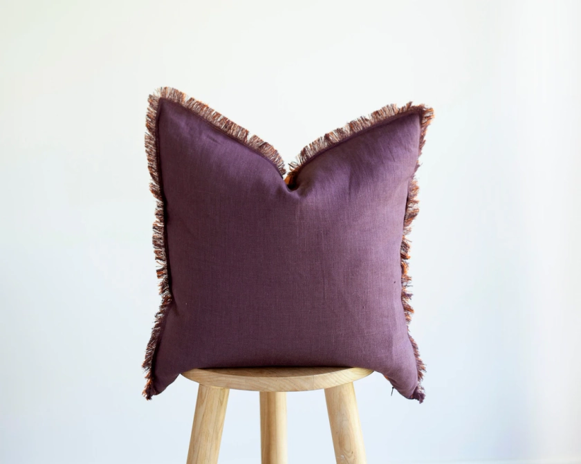 Plum Purple fringe PILLOW COVER, linen pillowcase, purple pillow case, linen plum cushion cover custom size