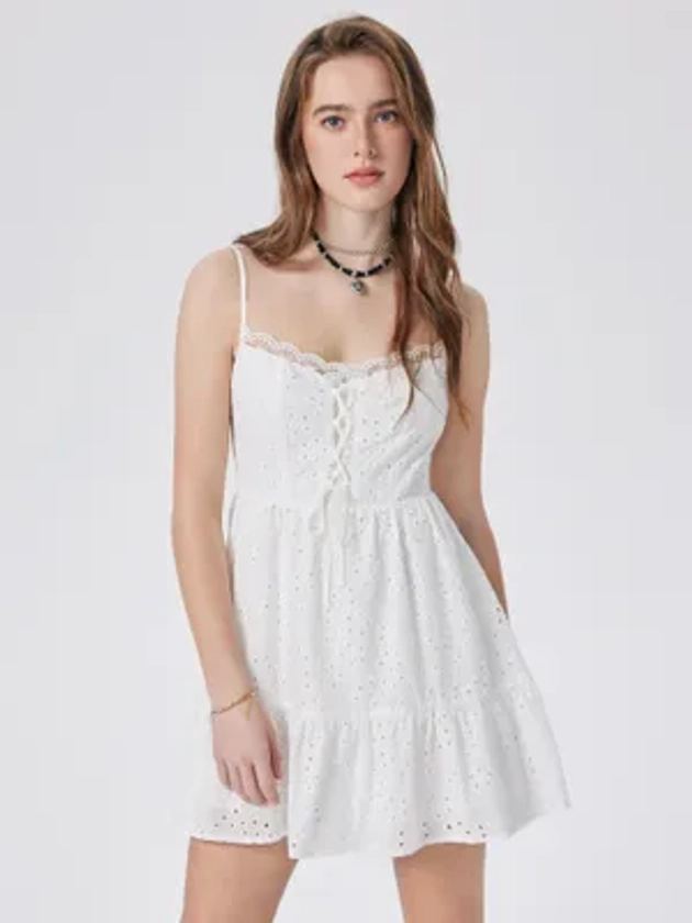 Buy Cider White Self Design Lace Up Mini Dress online