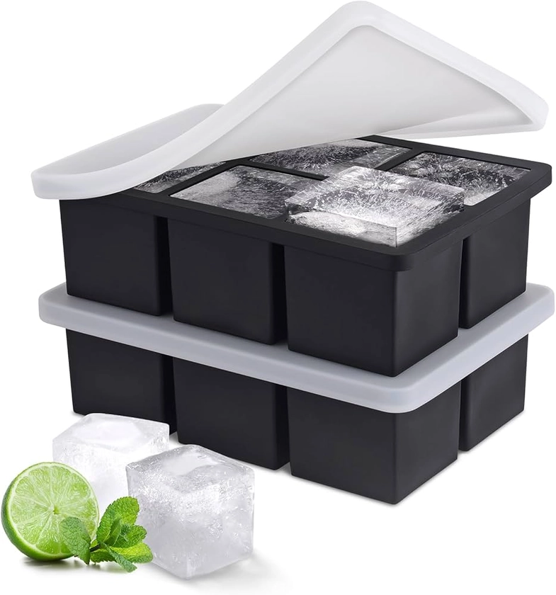 Ice Cube Tray, Large Ice Cube Moulds for Easy Release, Large Silicone Ice Cube Tray with Lid for Freeze, Stackable Square Ice Tray Makes 12 Ice Cubes for Cocktails Whiskey Juice Coffee 【6 Square】