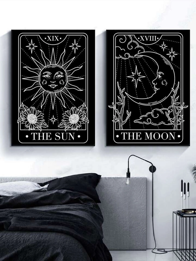 2pcs Set Of Vintage Black Canvas Oil Paintings, Sun And Moon Design, For Living Room And Bedroom Decoration, Frameless