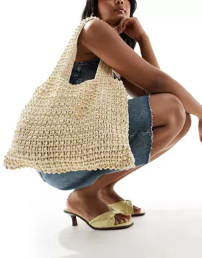 Glamorous beaded crochet shoulder tote bag in cream | ASOS