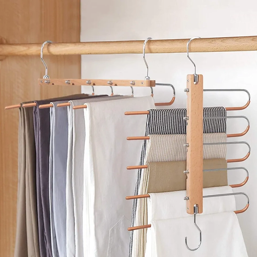 BILLKAQ Pants Hangers Multi-Layer,5 in 1 Wooden Pant Hanger Rack,Clothes Hangers Closet Space Saving, Multifunctional Pants Rack Space Saving for Pants Jeans Scarf Hanging Silver