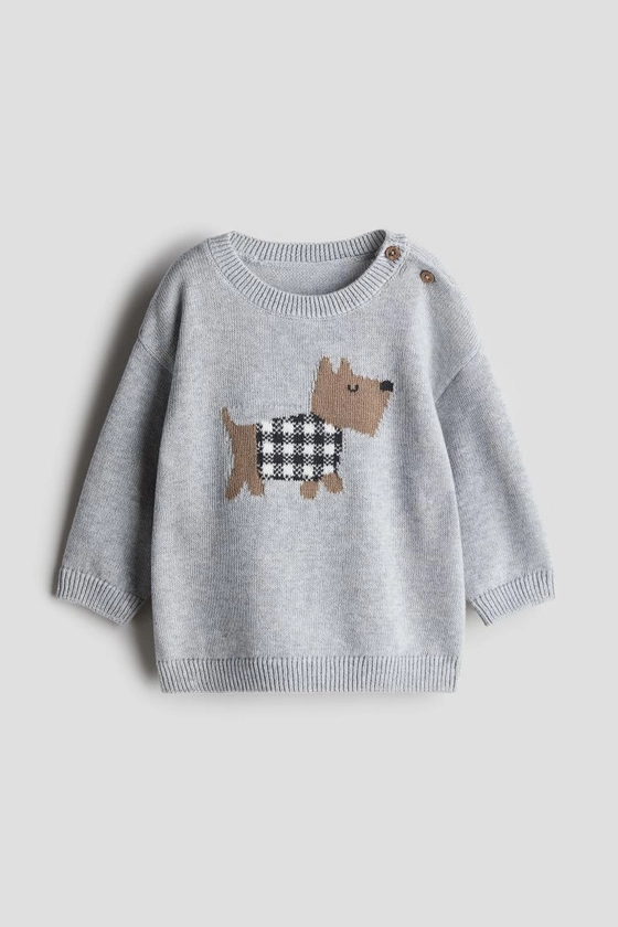 Cotton Knit Sweater - Round Neck - Long sleeve - Gray/dog - Kids | H&M US