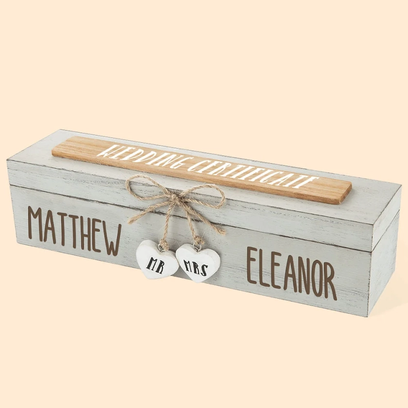 Personalised Wedding Certificate Wooden Storage Box with Mr And Mrs Heart Charms Wedding Gift for Couple - CALLIE