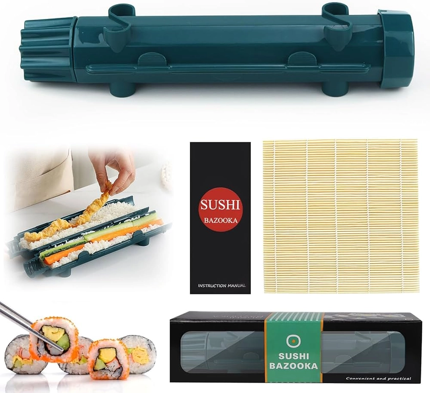 CHRI Bazooka - Kit à sushi à faire soi-même - Rouleau à sushi Bazooka et tapis en bambou pour débutants (bleu marine)
