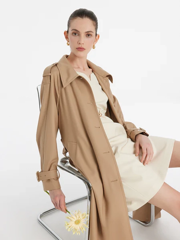 Worsted Wool Lapel Women Trench Coat With Belt