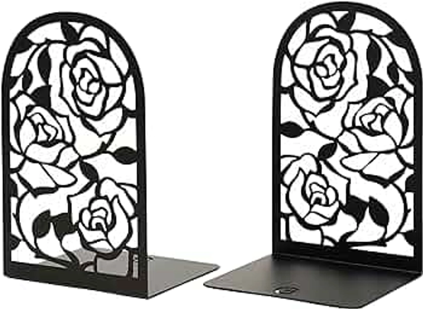 CNK Book Ends, Premium Book Ends for Book Shelves, Metal Book Ends for Home Office Heavy Books, Book Shelf Holder, Home Decorative, Book Stoppers, Book Holder Rose Bookend Black